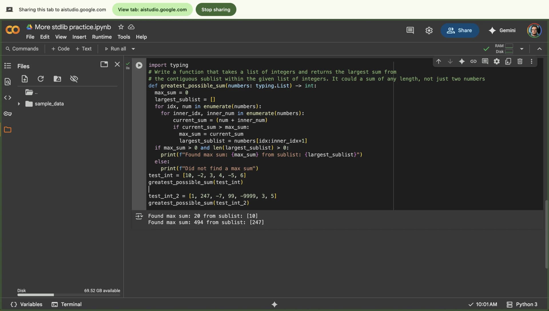 Google AI Studio interface showing live view of a shared Google Colab notebook with Python code visible on screen