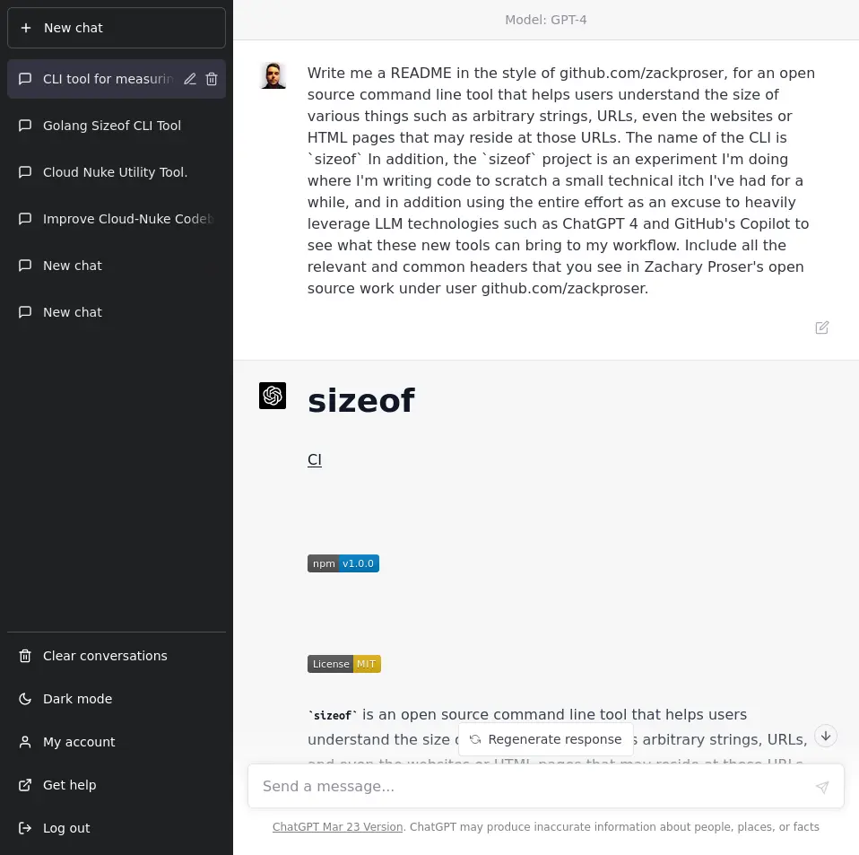 ChatGPT-4 generating a README for the project