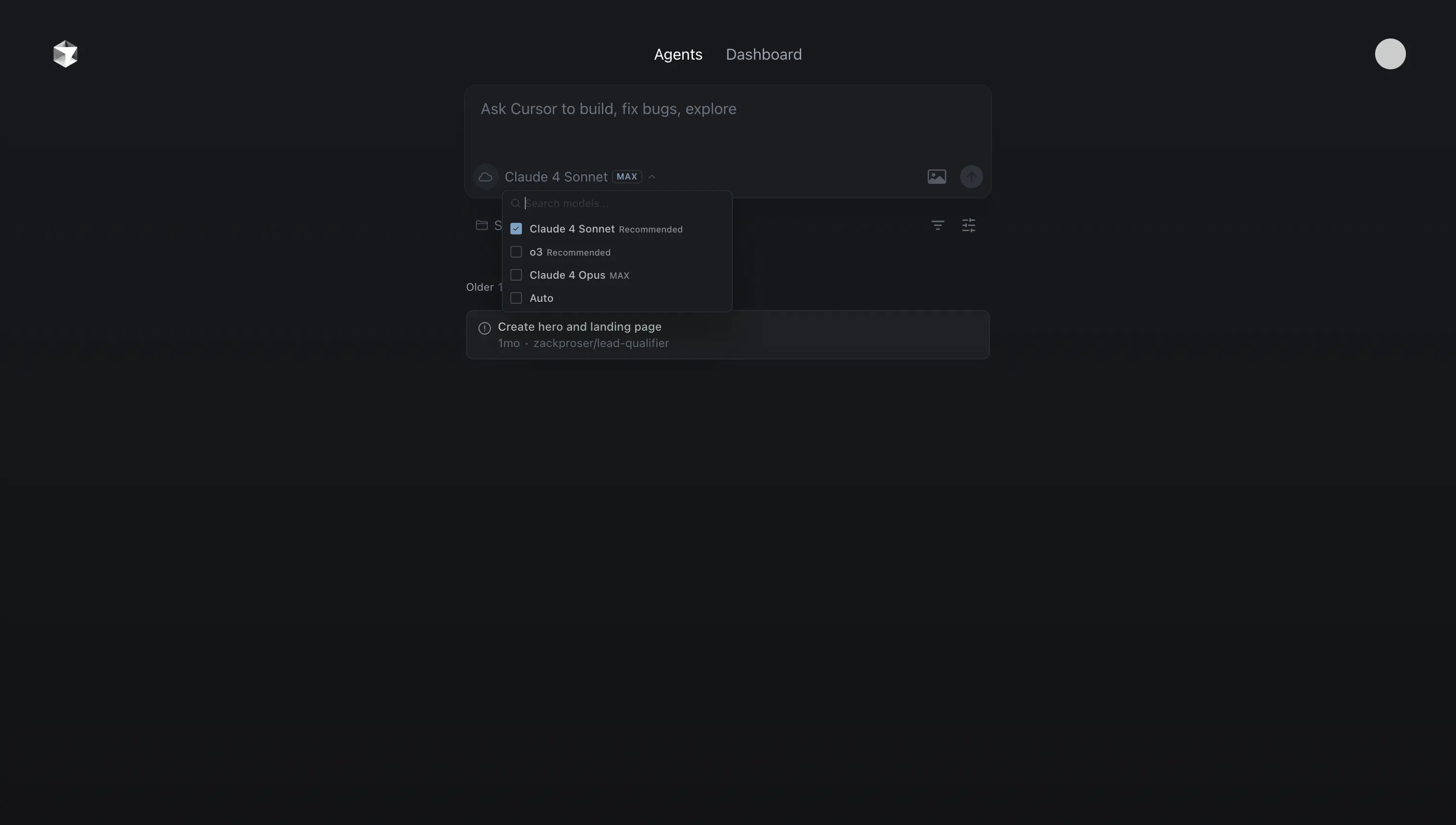 Cursor Agents interface for choosing codebase and branch