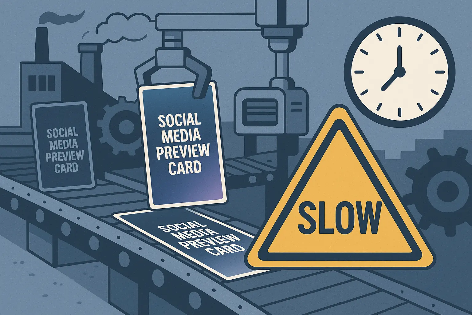 A factory assembly line with social media preview cards being generated - showing title text being overlaid on hero images with gradients and effects, but with a big SLOW warning sign and clock