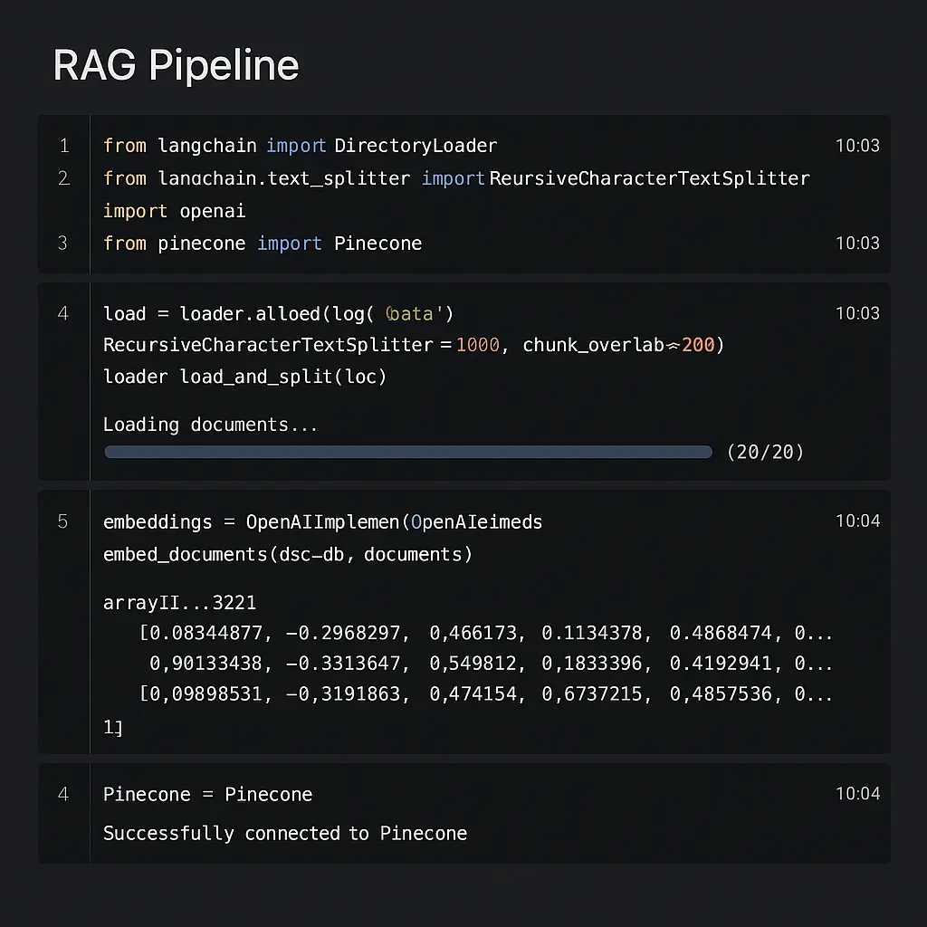 Jupyter Notebook interface showing data processing and vector database creation