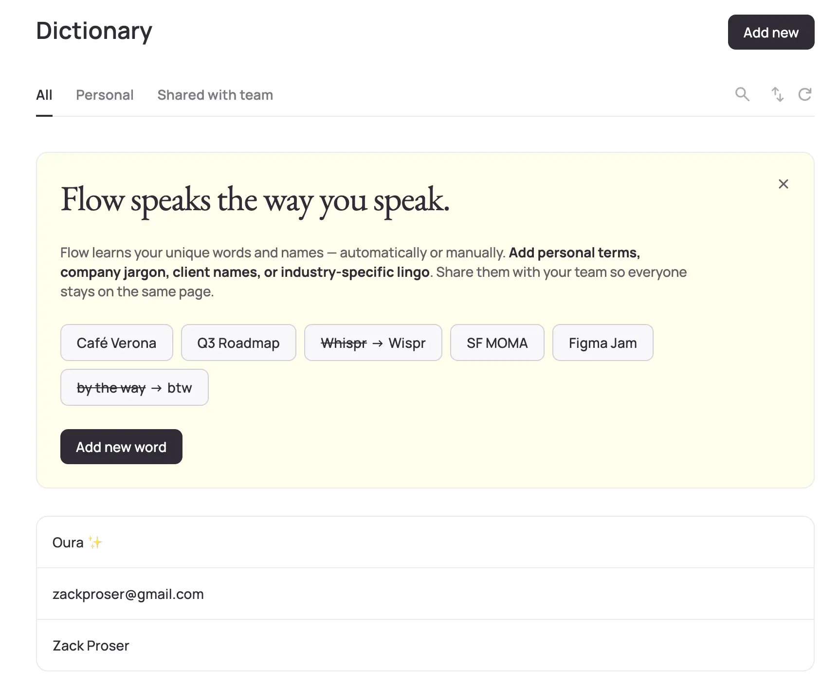Wispr Flow dictionary interface showing custom vocabulary management