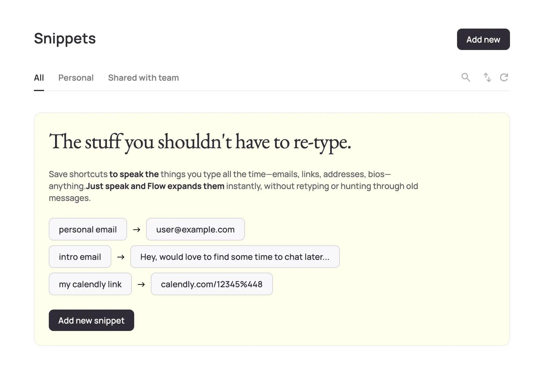 Wispr Flow snippets interface for text expansion shortcuts